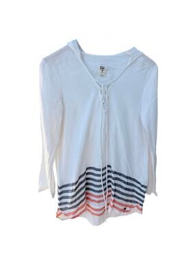 Billabong Hooded Lace Up Top Womens Large White Striped Lightweight Hoodie